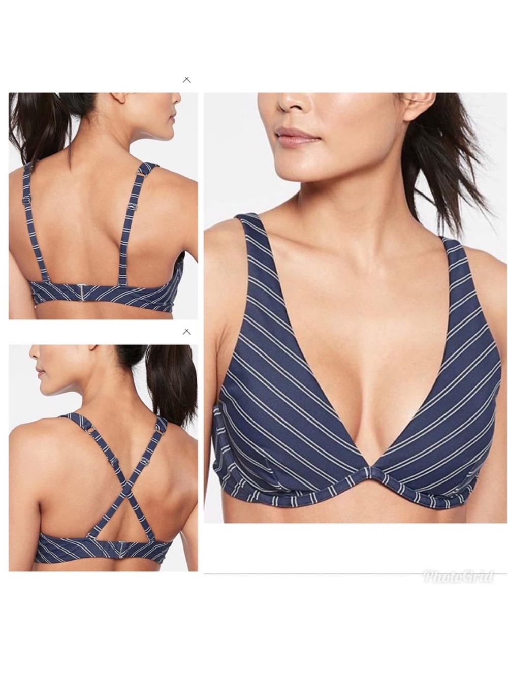 Athleta French Stripe Piha Plunge Bikini Swim Top Navy Blue